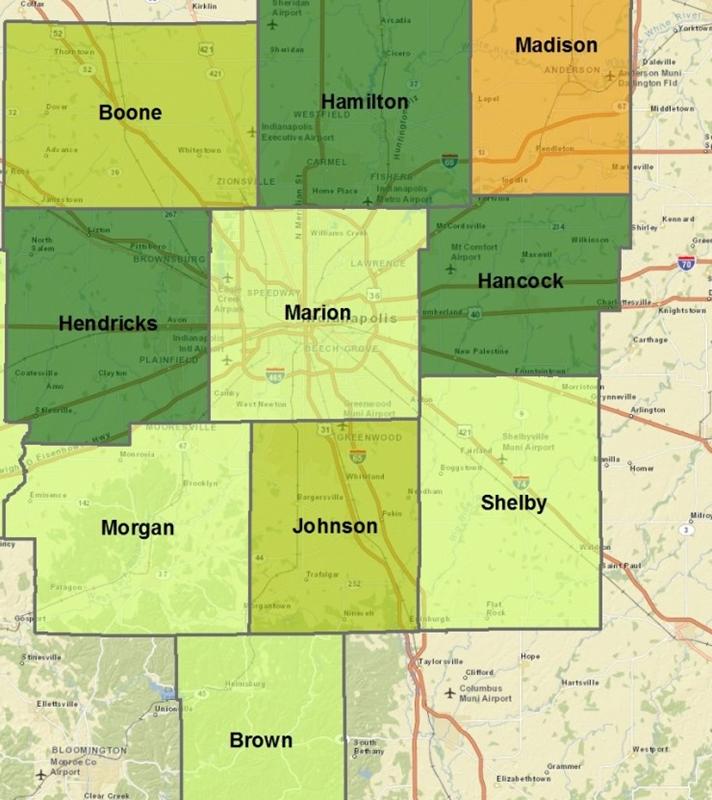 Map of the counties we serve: Boone, Hamilton, Madison, Hendricks, Marion, Hancock, Morgan, Johnson, Shelby and Brown